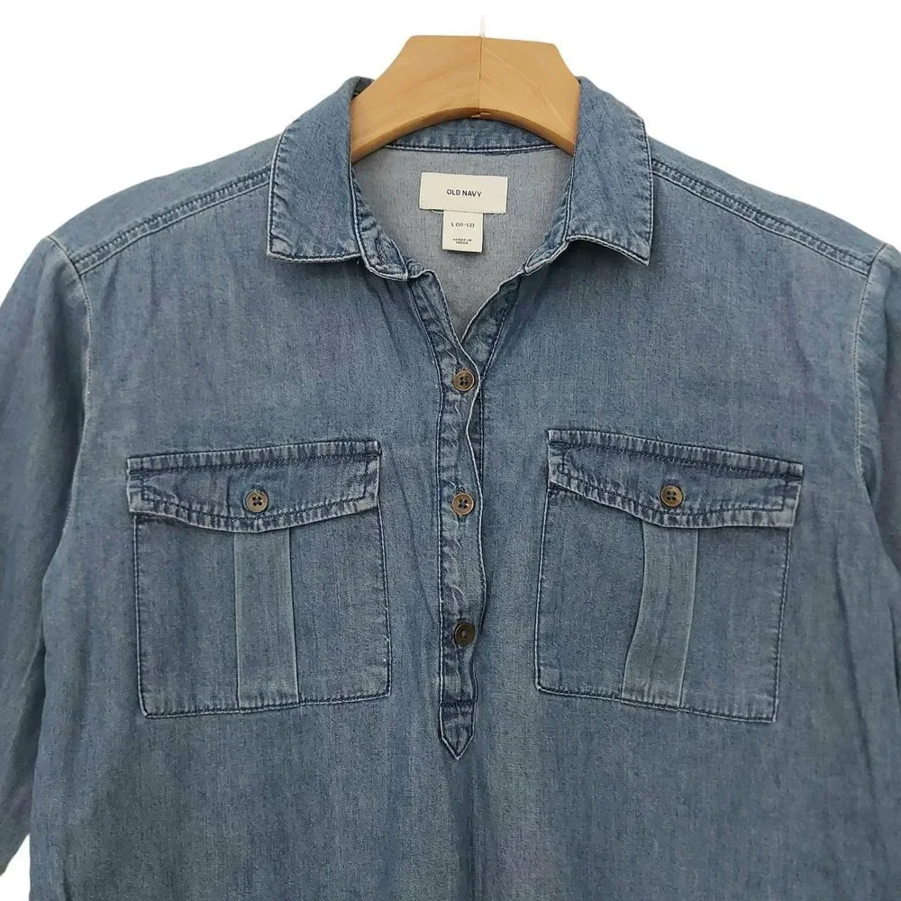 Old Navy Girls Shirt Dress Large 10-12 Blue 1/2 Button Collared Roll Tab Sleeve